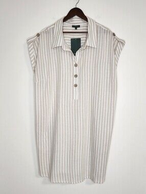 NWT Meadow Rhodes Anthropologie Beige & White Striped Cotton Shirt Dress 3X